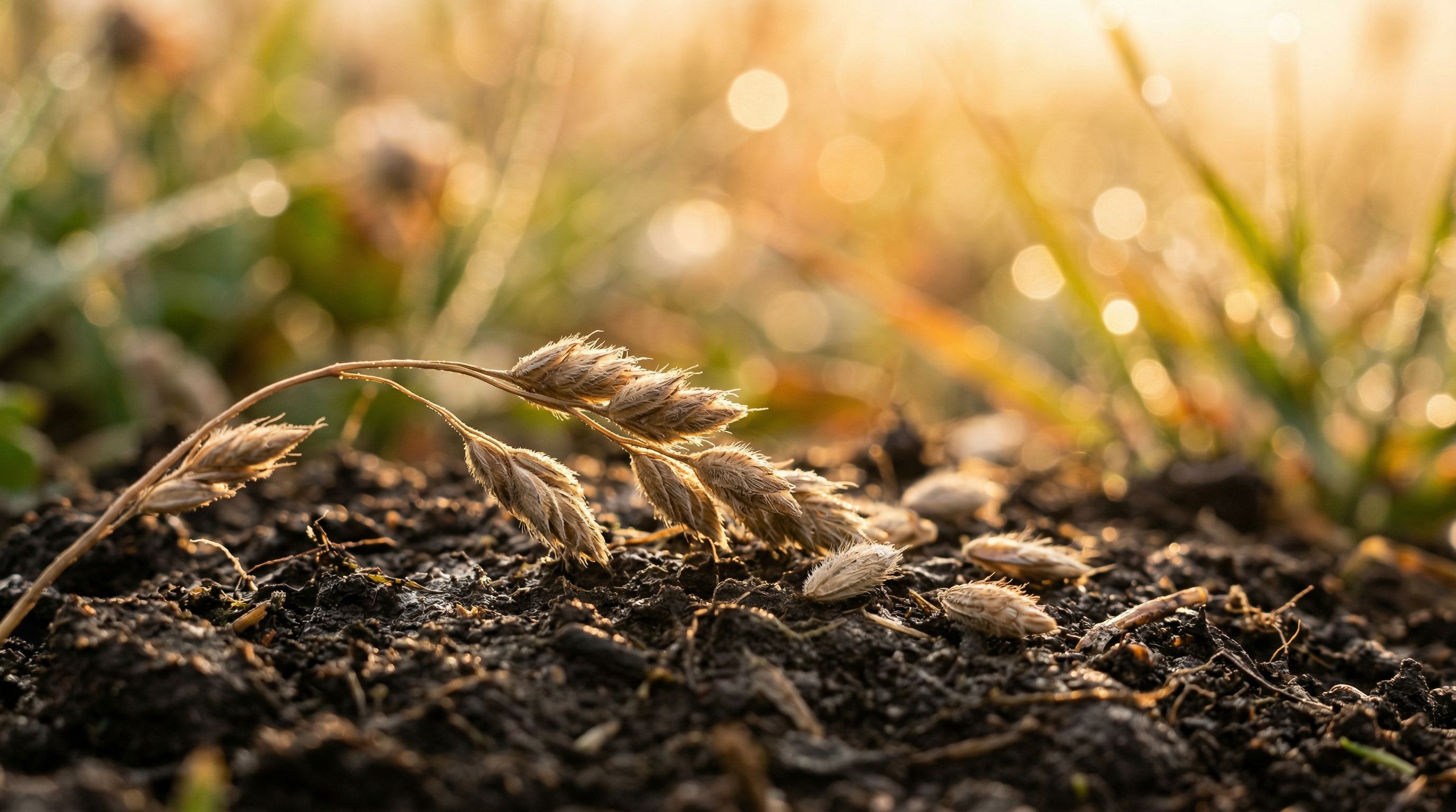 Grass seed heads resting on soil in golden morning light