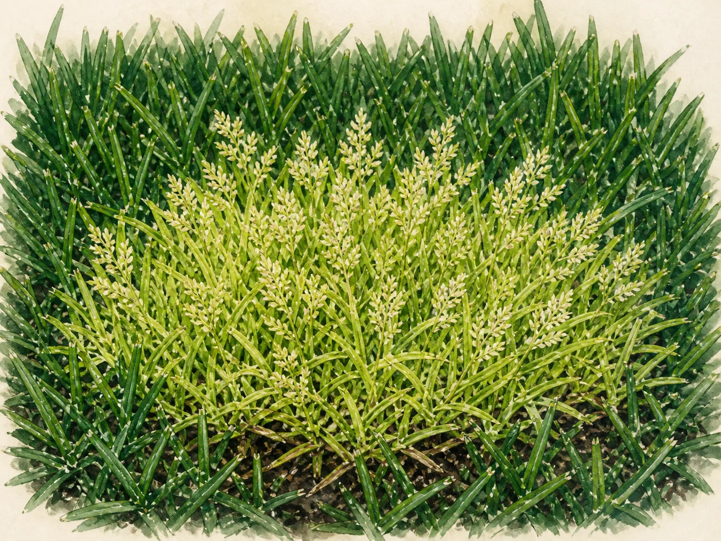 Illustration of a lighter green grass patch with many pale seedheads held low in the canopy.