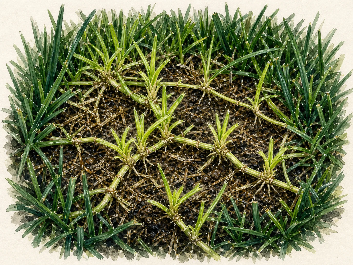 Illustration of a parted grass patch showing pale above-ground runners and nodes at the soil surface.
