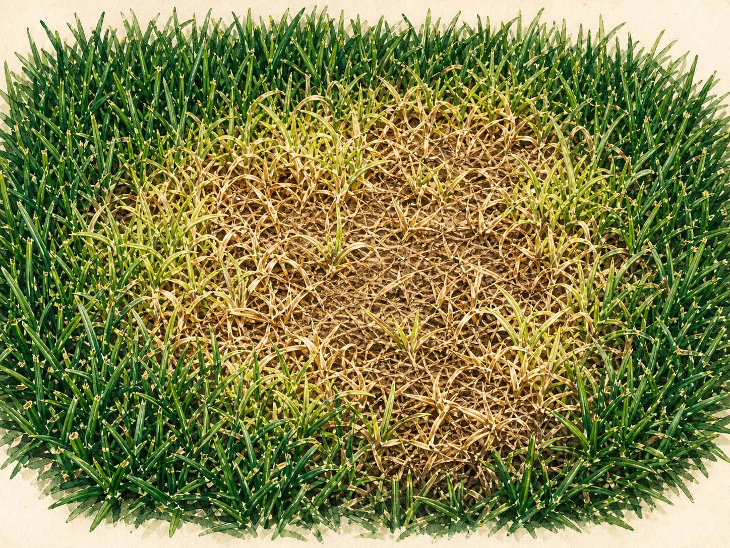 Illustration of a lawn patch thinning and browning under summer heat while surrounding turf remains greener.
